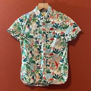 Boden Boy’s White Linen Blend Dino Print Button Down Short Sleeve Shirt